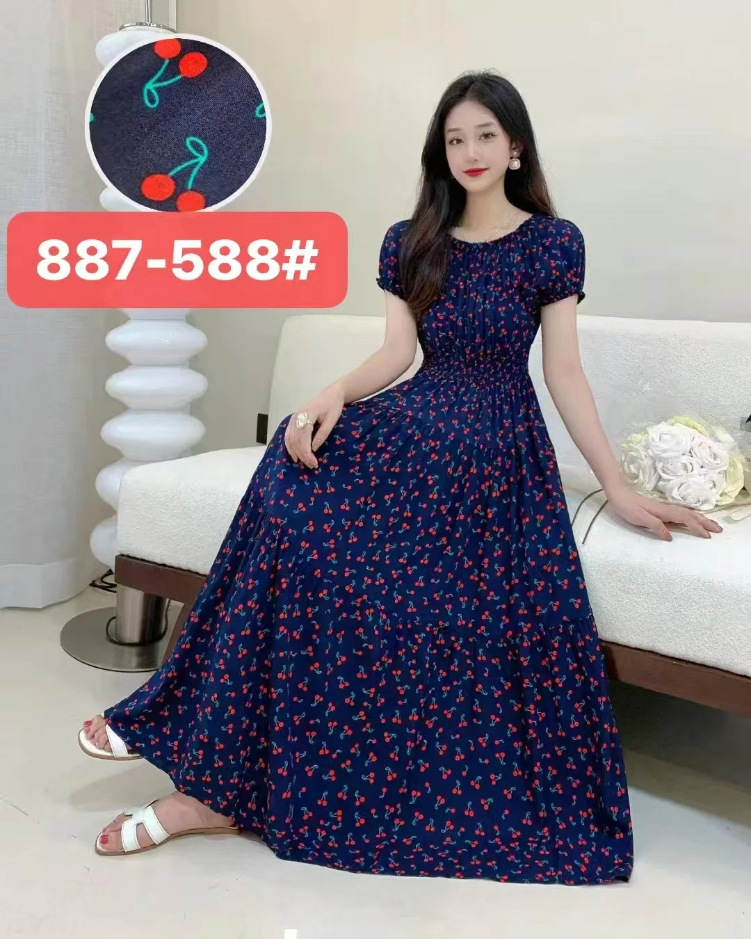 Długa sukienka maxi boho w kwiaty – wakacyjna sukienka w stylu koreańskim Niebieski