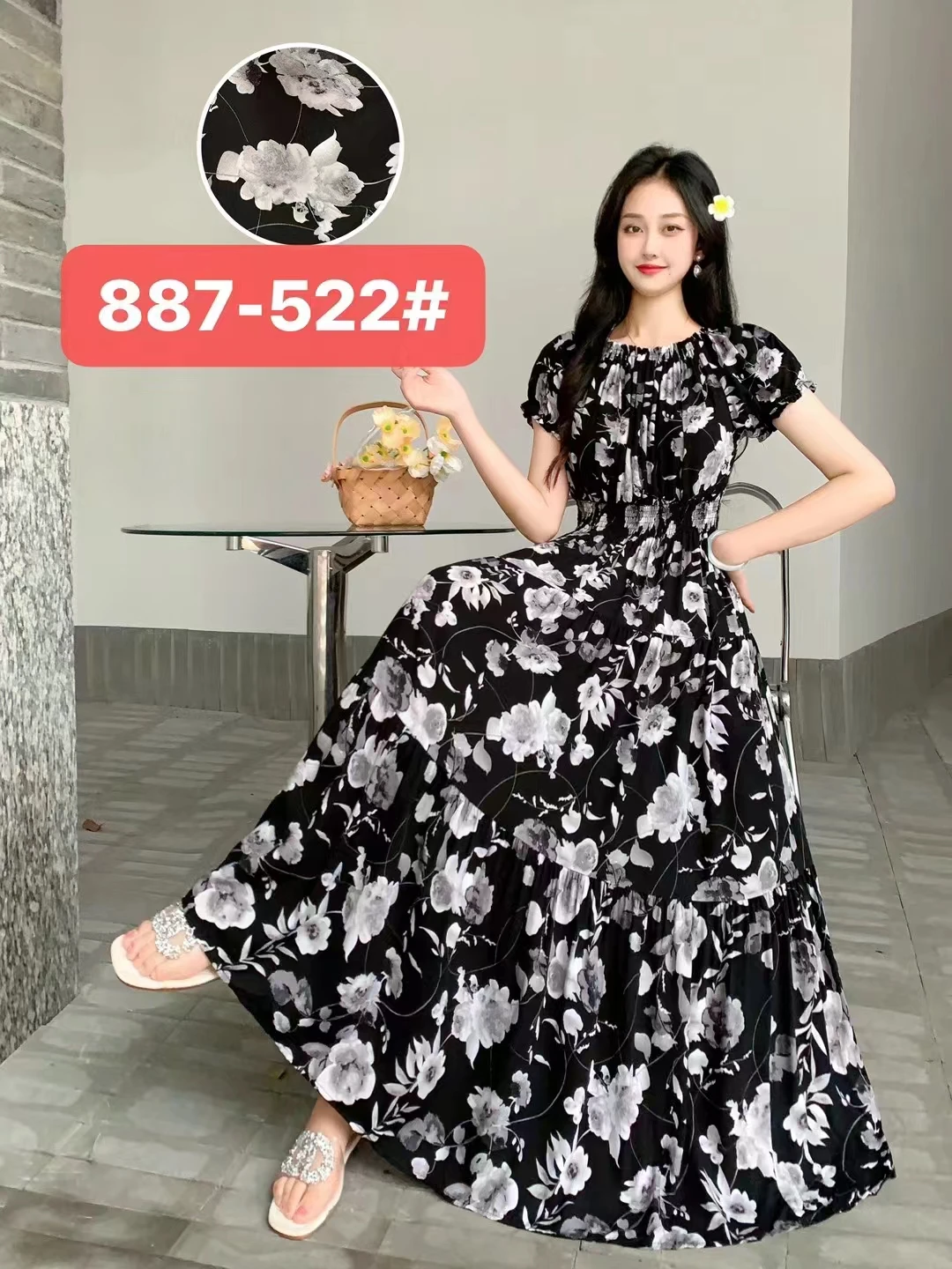 Długa sukienka maxi boho w kwiaty – wakacyjna sukienka w stylu koreańskim Srebrny