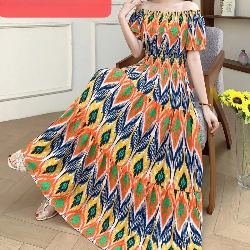 Długa sukienka maxi boho w kwiaty – wakacyjna sukienka w stylu koreańskim Złoto