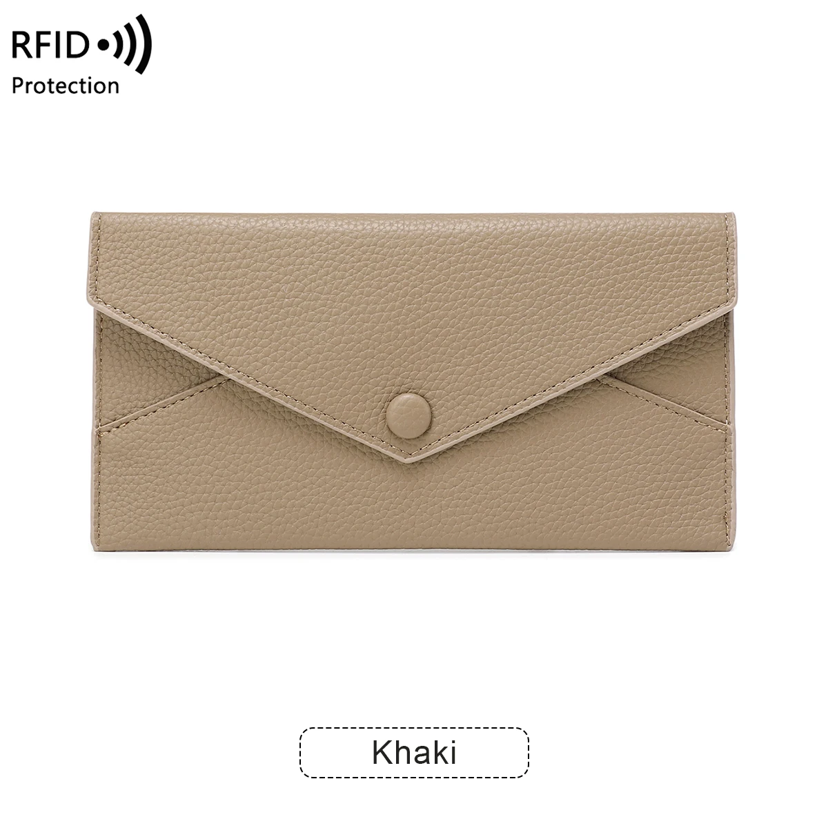Długi portfel RFID z teksturą liczi – elegancka kopertówka damska Khaki