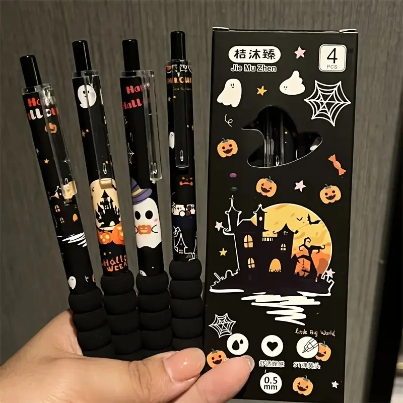 Długopisy żelowe Halloween 4 szt. 0,5 mm z motywem duchów, dyni i czarownic Biały
