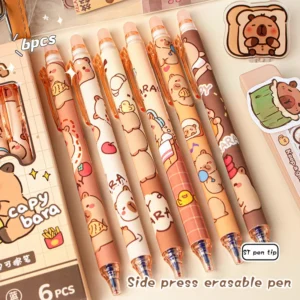 Długopisy żelowe Kapibara Kawaii, zestaw 6 sztuk, niebieskie zmazywalne