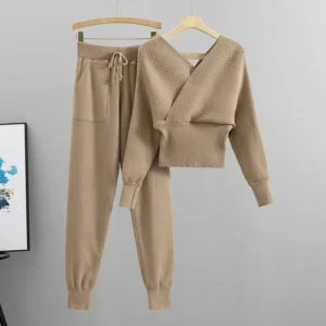 Elegancki dres damski prążkowany top i spodnie harem Khaki