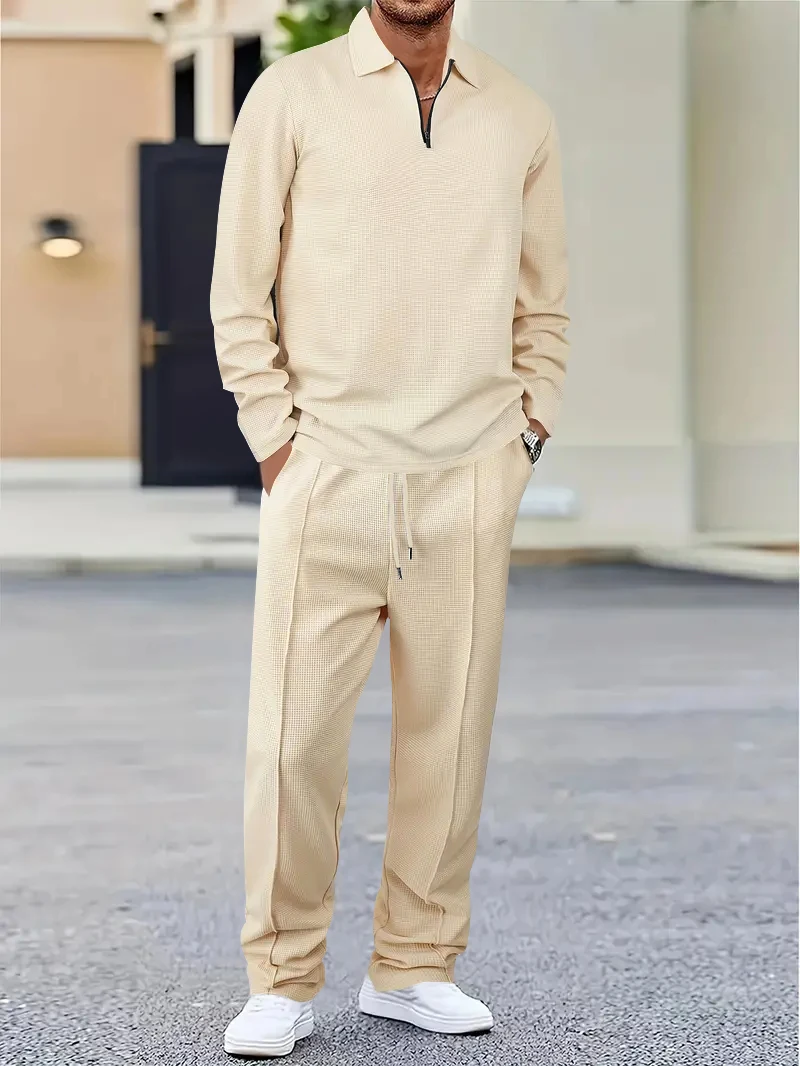 Dres męski z dzianiny waflowej - bluza i spodnie Khaki