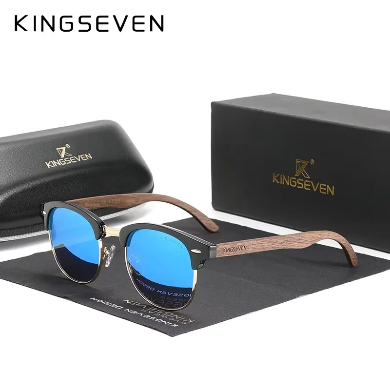 Drewniane okulary przeciwsłoneczne KINGSEVEN z polaryzacją Niebieski