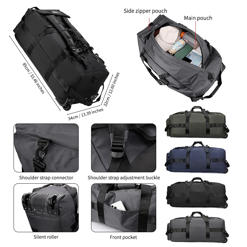 Duża torba podróżna na kółkach, pojemny bagaż unisex Szary