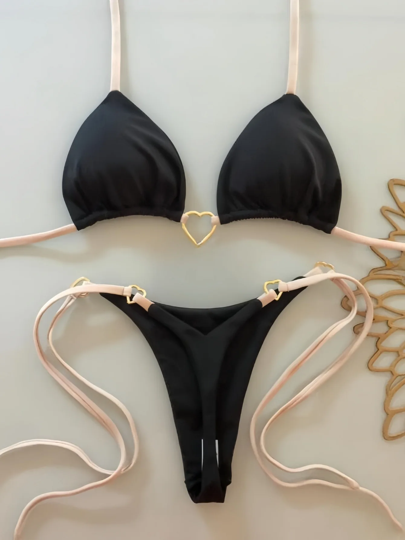 Dwuczęściowe białe bikini damskie z niską talią i sznurowaniem Beżowy