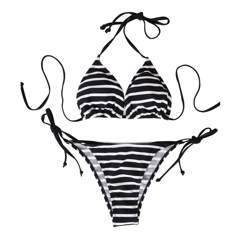 Dwuczęściowe bikini w paski z wiązaniem Czarny