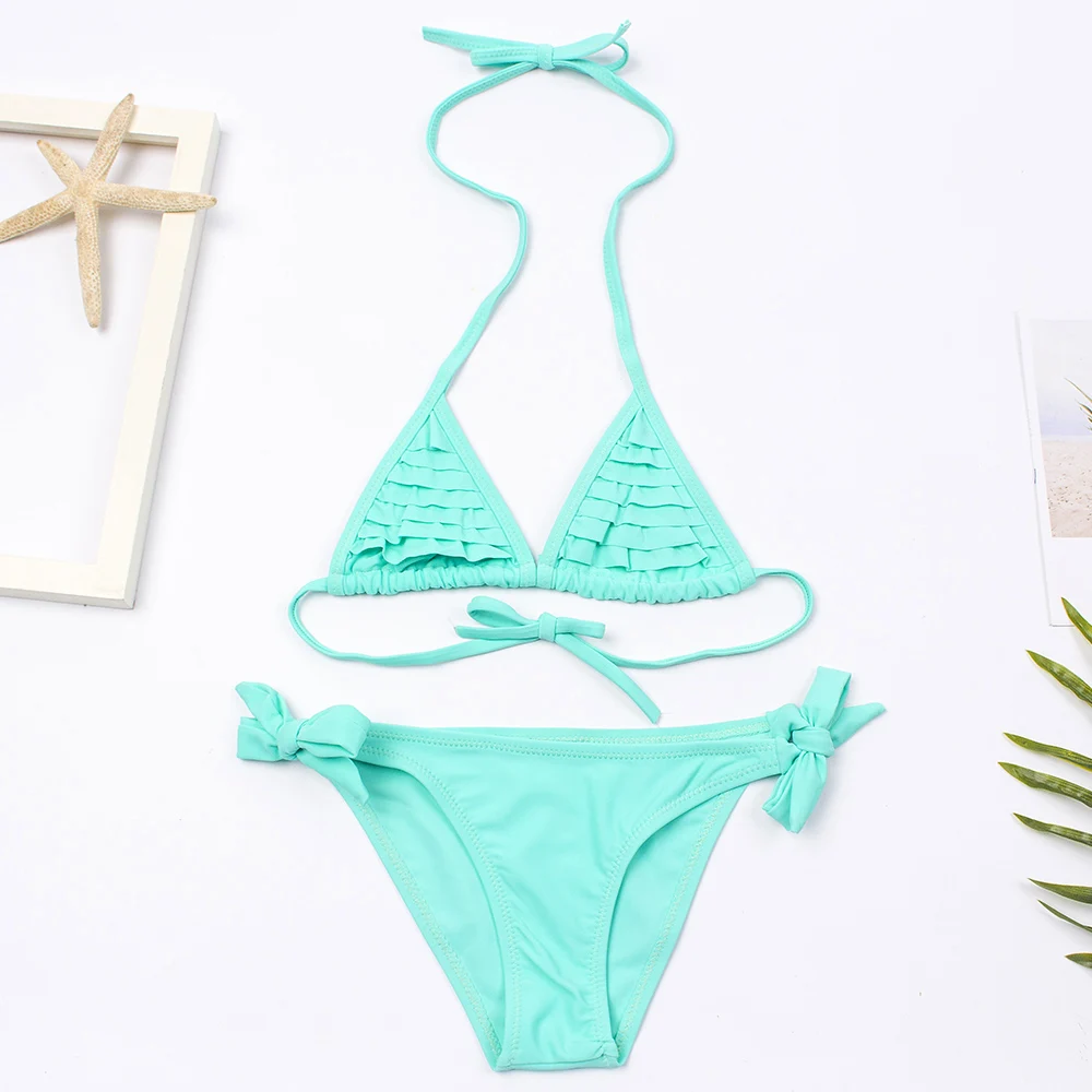 Dziewczęce bikini z falbankami dwuczęściowe Niebieski