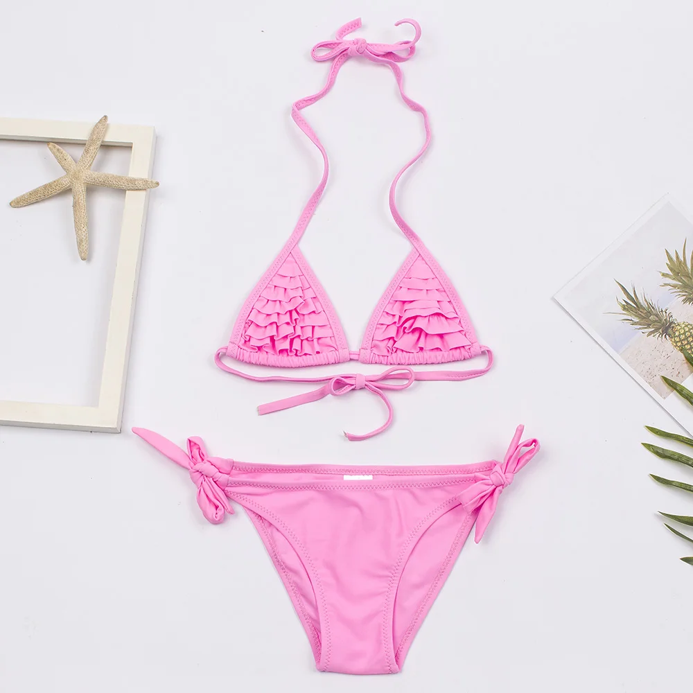 Dziewczęce bikini z falbankami dwuczęściowe A146 rosepink