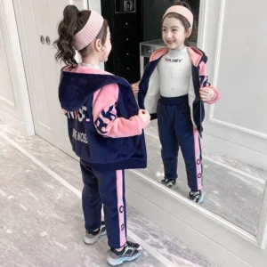 Dziewczęcy dres welurowy bluza z kapturem i spodnie Granatowy