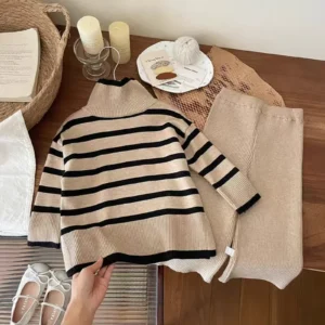 Dziewczęcy sweter z golfem i spodnie dziecięce zestaw dwuczęściowy Beżowy