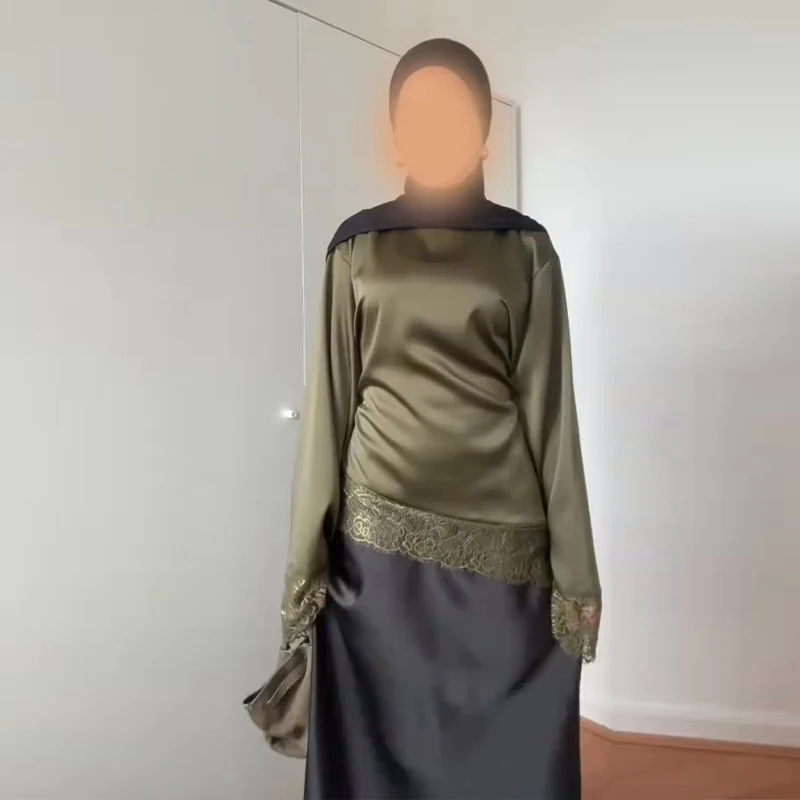 Elegancka damska bluzka z satyny i koronki z wiązaniem Zielony