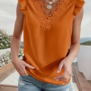 Elegancka damska bluzka bez rękawów z koronką i dekoltem V Pomarańczowy