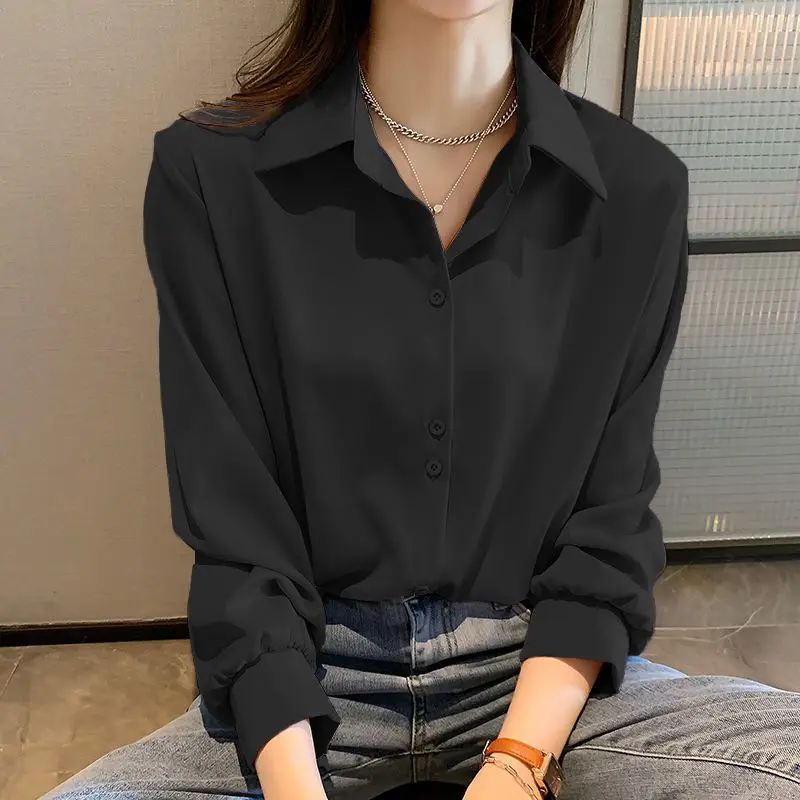 Elegancka koszula damska z długim rękawem w stylu koreańskim Czarny