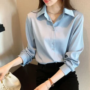 Elegancka koszula damska z długim rękawem w stylu koreańskim Niebieski