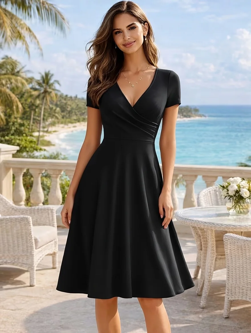 Elegancka letnia sukienka do kolan o linii A z wysoką talią Czarny