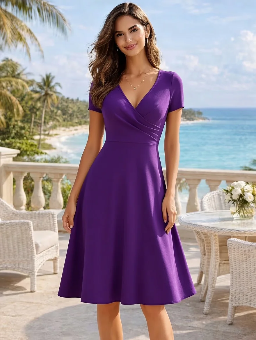 Elegancka letnia sukienka do kolan o linii A z wysoką talią Fioletowy