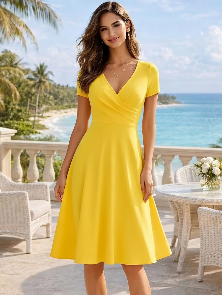 Elegancka letnia sukienka do kolan o linii A z wysoką talią żółty