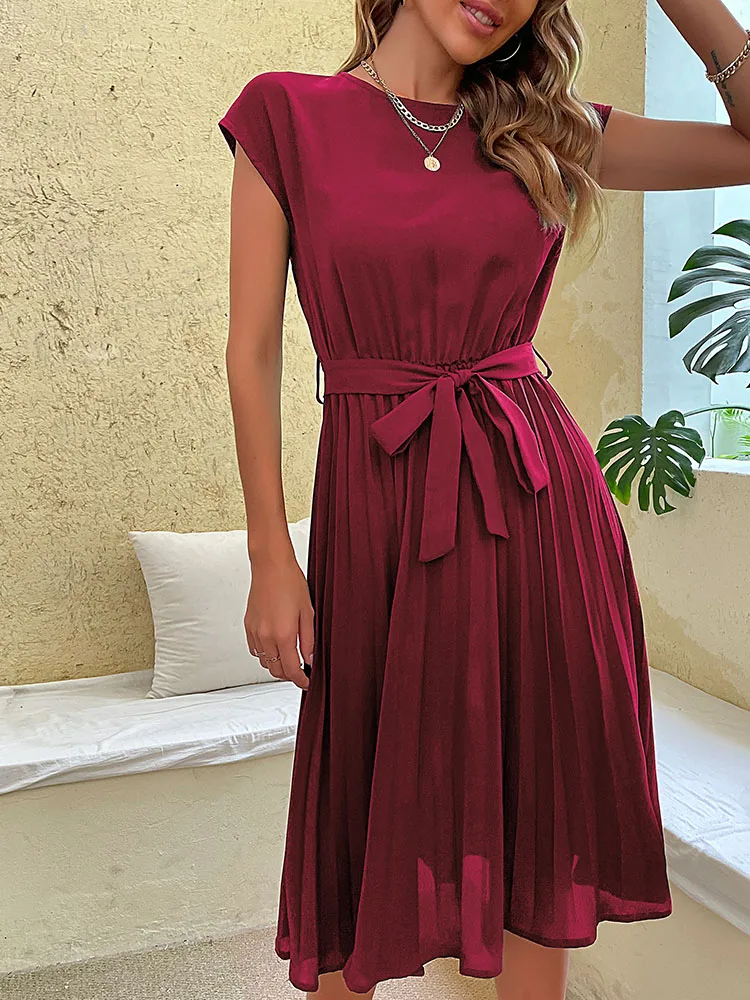 Elegancka letnia sukienka midi plażowa z dekoltem Bordowy
