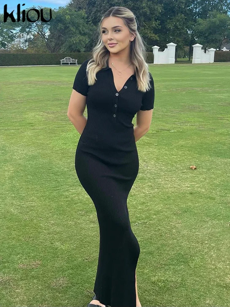 Elegancka sukienka maxi do biura z rozcięciami Czarny
