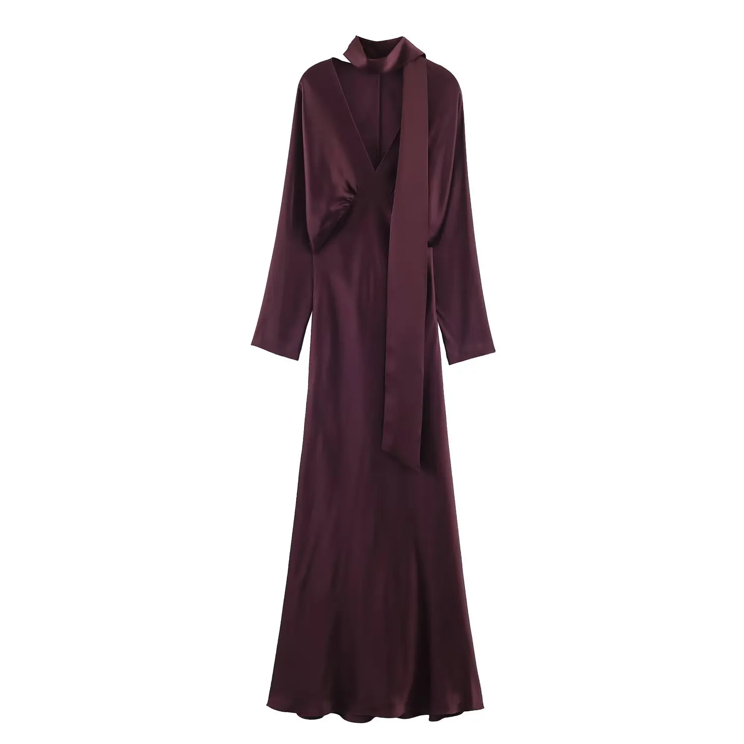 Elegancka sukienka maxi z dekoltem w serek i szalikiem Burgundia