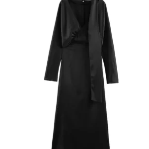 Elegancka sukienka maxi z dekoltem w serek i szalikiem Czarny