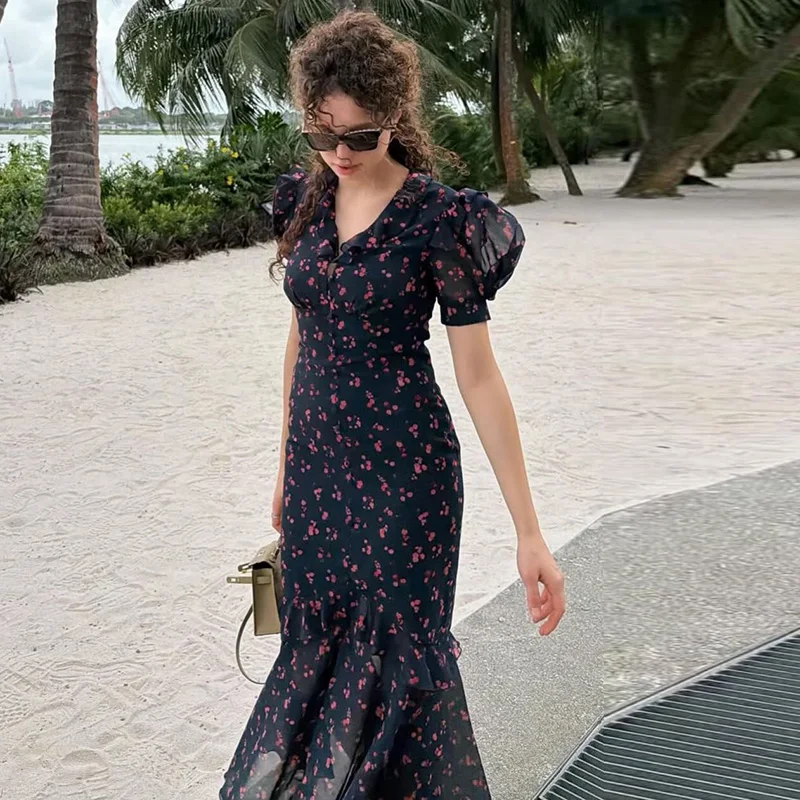 Elegancka sukienka maxi z koronką i bufiastymi rękawami Safflower 01