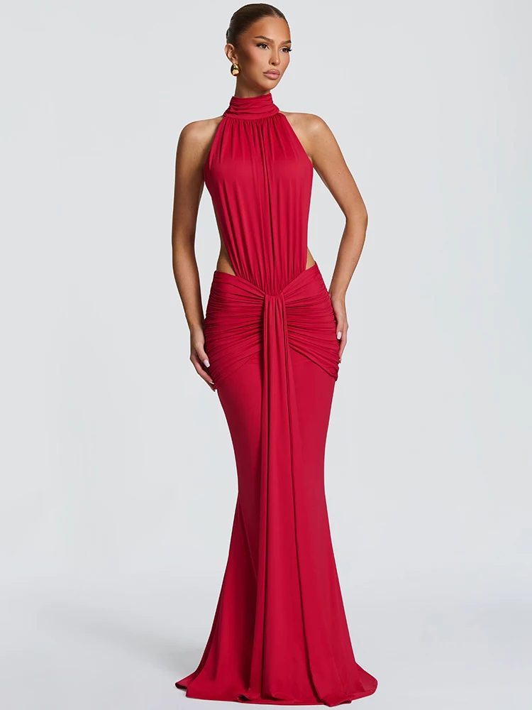 Elegancka sukienka maxi z odkrytymi plecami Czerwony