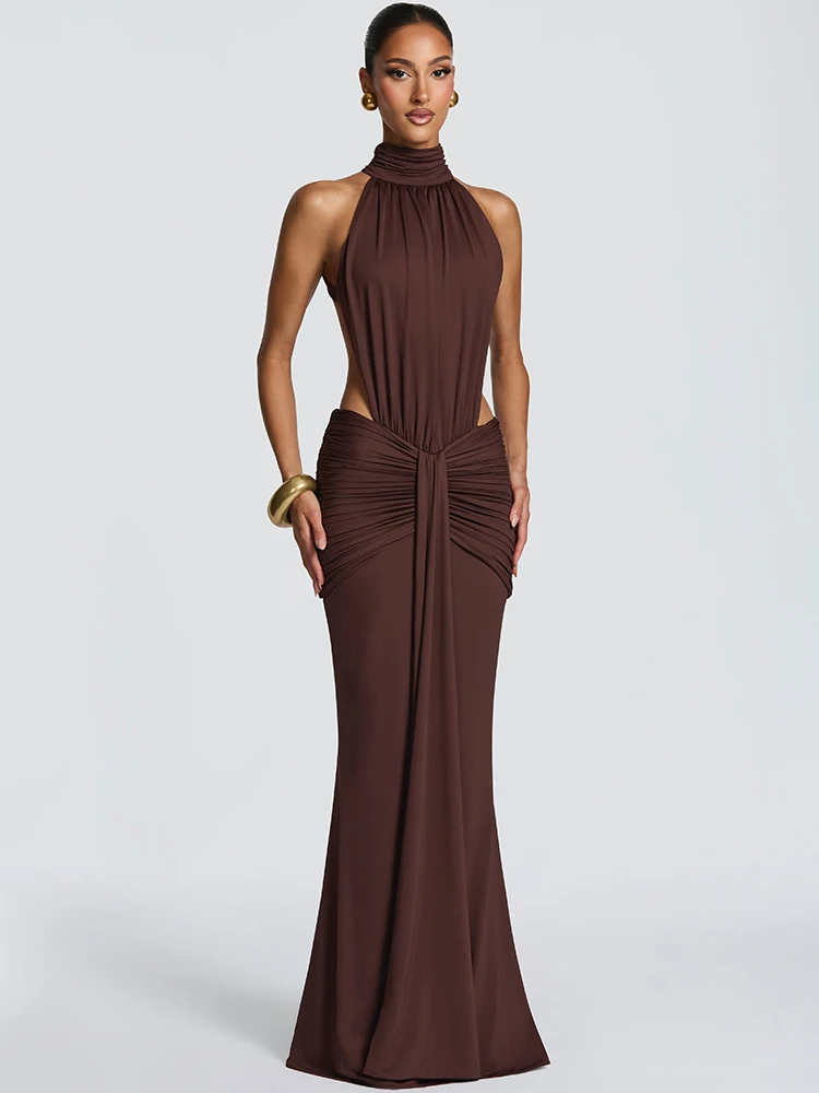 Elegancka sukienka maxi z odkrytymi plecami Kawa