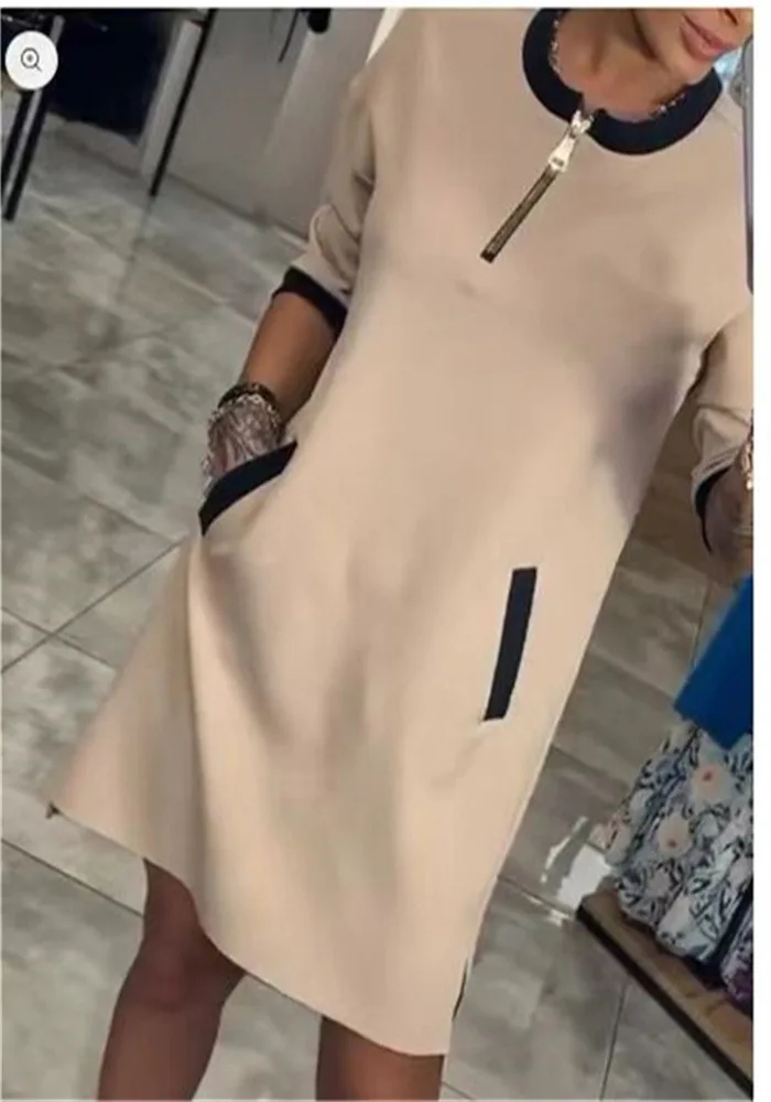 Elegancka sukienka z dekoltem V i rękawem trzy czwarte Khaki