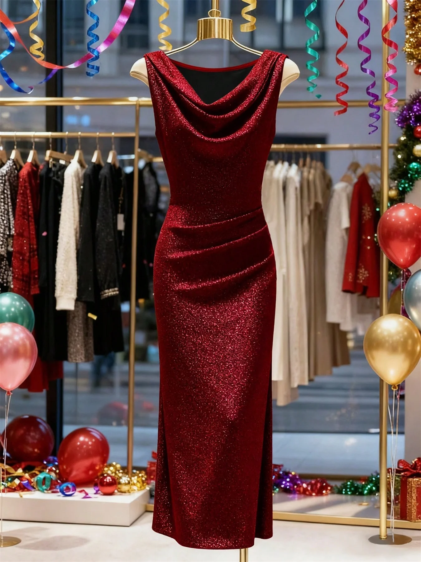 Elegancka sukienka wieczorowa bez rękawów z głębokim dekoltem Burgundia