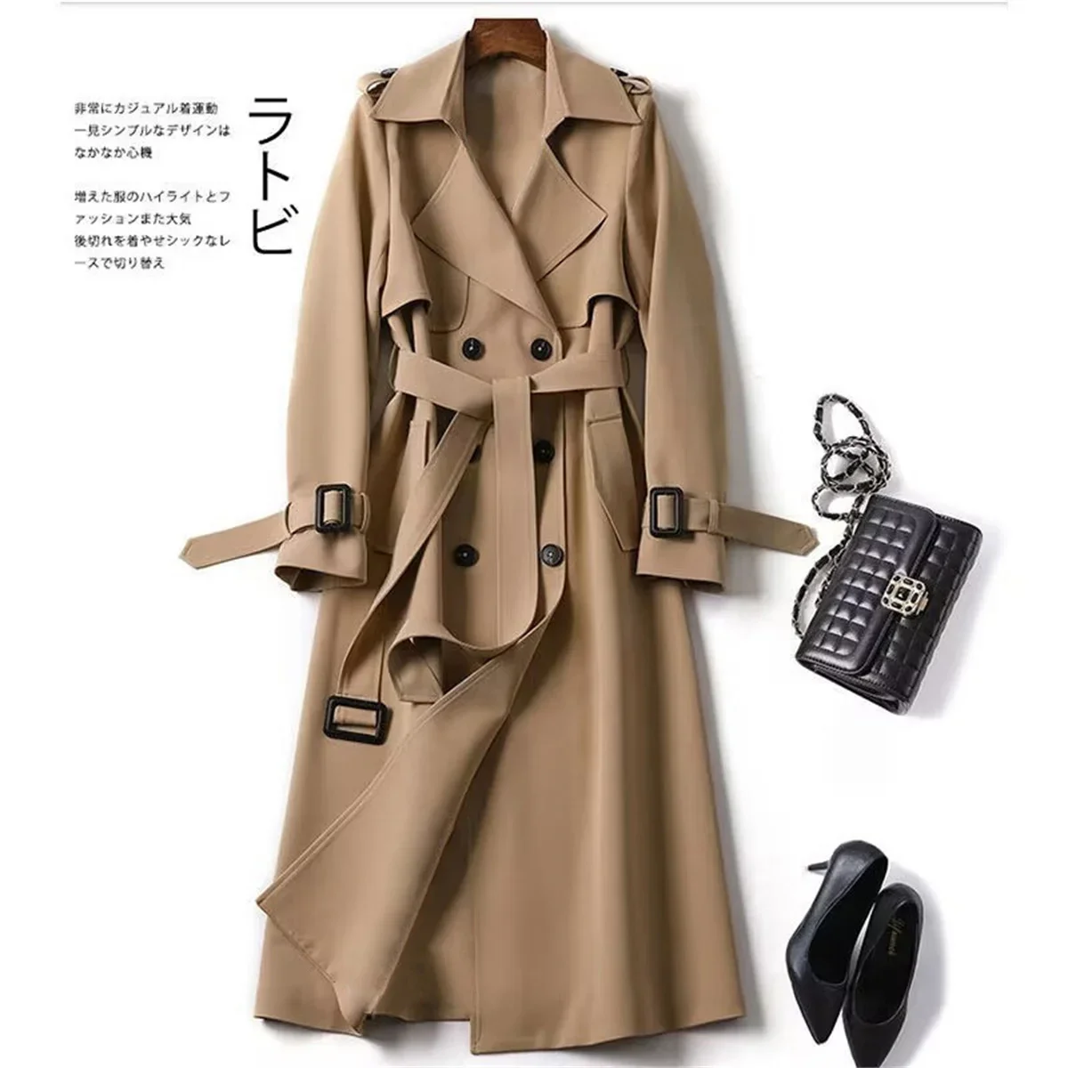 Elegancki damski płaszcz midi z guzikami w stylu brytyjskim Khaki