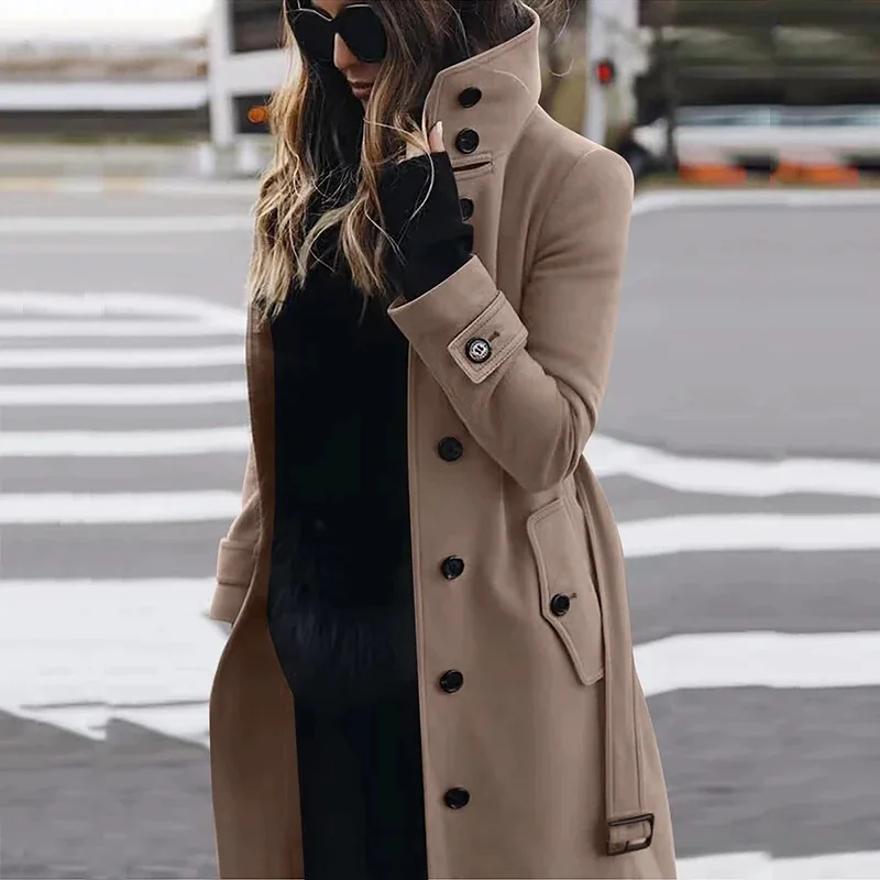 Elegancki płaszcz wełniany damski z kołnierzem wykładanym Khaki