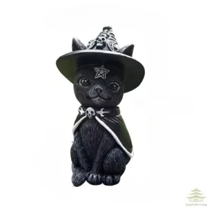 Figurka czarnego kota wiedźmy - ozdoba na biurko na Halloween Jasnoszary