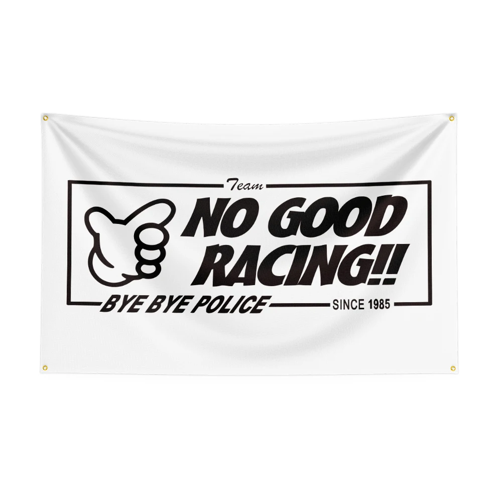 Flaga wyścigowa No Good Racing do dekoracji garażu i pokoju Niebieski