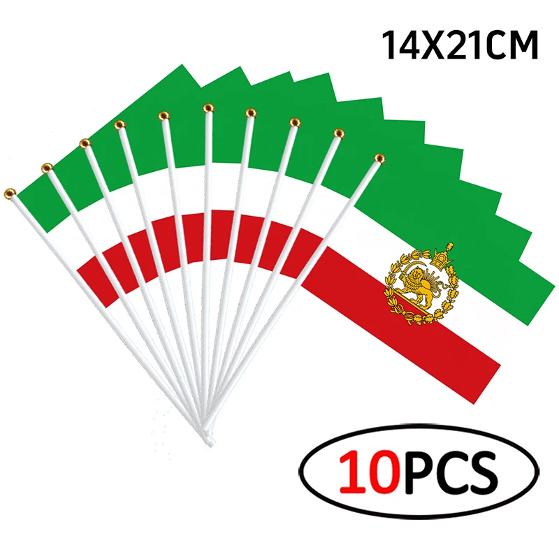 Zestaw 10 flag Iranu historycznych do machania – 14x21 cm z masztem Niebiesko biały paska