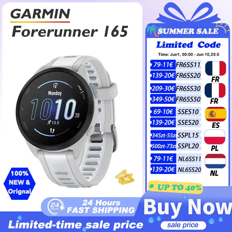 Zegarek sportowy Garmin Forerunner 165 z pomiarem tętna i GPS Biały