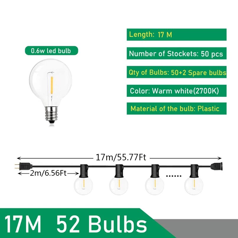 Girlanda ogrodowa LED G40 - lampki zewnętrzne na taras 17m 50 bulb
