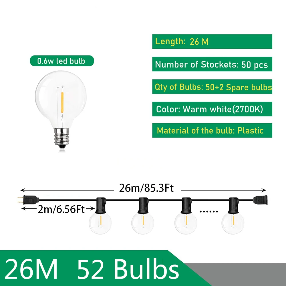 Girlanda ogrodowa LED G40 - lampki zewnętrzne na taras 26m 50 bulb