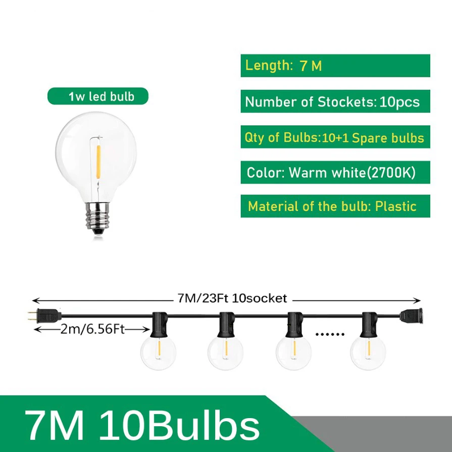 Girlanda ogrodowa LED G40 - lampki zewnętrzne na taras 7m 10 bulbs