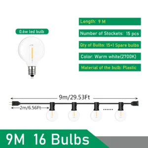 Girlanda ogrodowa LED G40 - lampki zewnętrzne na taras 9m 15 bulb
