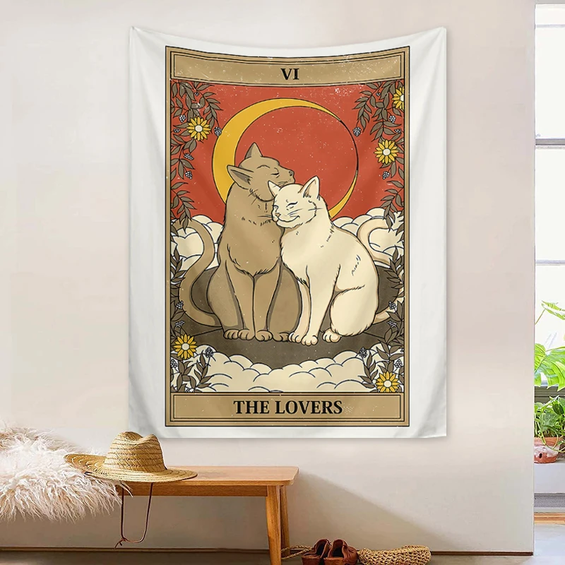 Gobelin ścienny z kotem tarot fazy księżyca gwiezdne niebo Czerwony