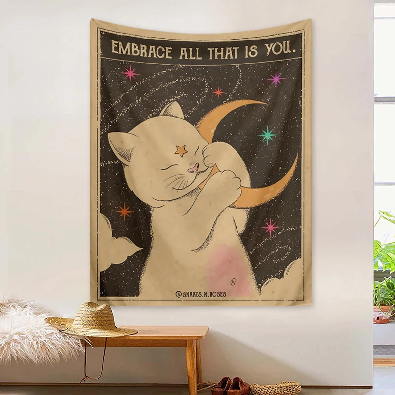 Gobelin ścienny z kotem tarot fazy księżyca gwiezdne niebo Jasnoszary