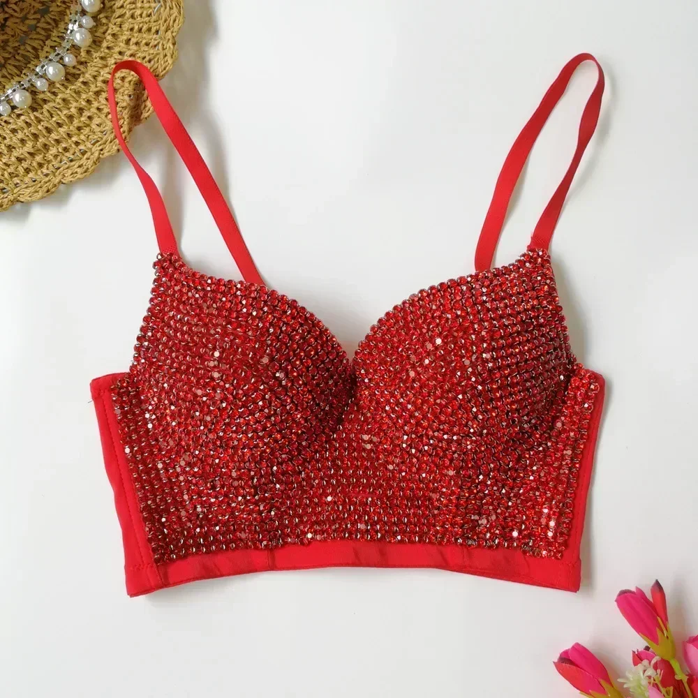 Gorset damski z cyrkoniami - sexy bustier push-up na imprezę Czerwony