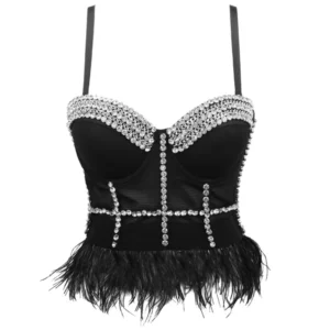 Gorset damski z cyrkoniami - sexy bustier push-up na imprezę Czarny