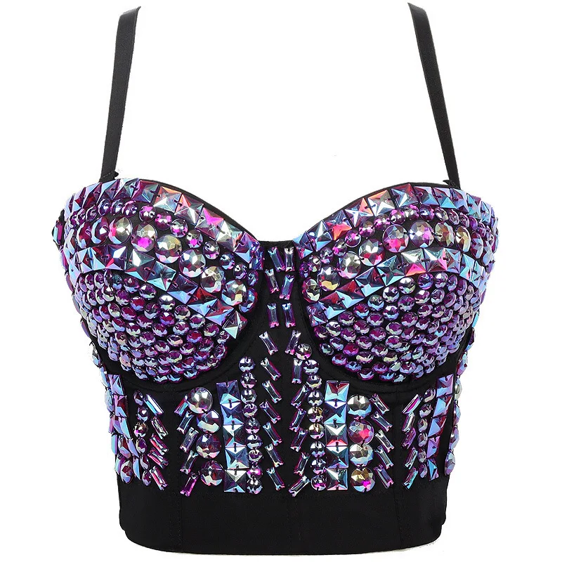 Gorset damski z cyrkoniami - sexy bustier push-up na imprezę Fioletowy