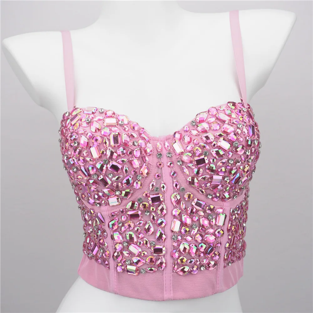 Gorset damski z cyrkoniami - sexy bustier push-up na imprezę Różowy
