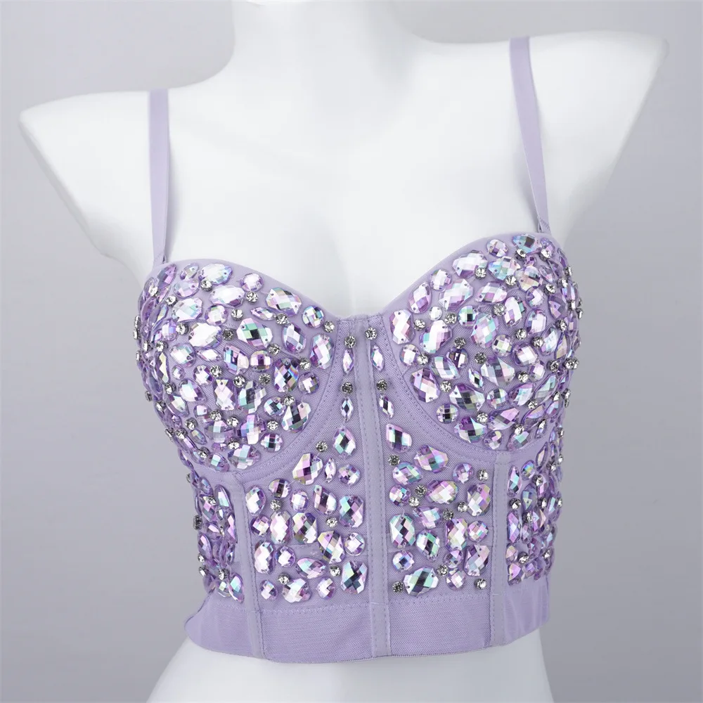 Gorset damski z cyrkoniami - sexy bustier push-up na imprezę Perple