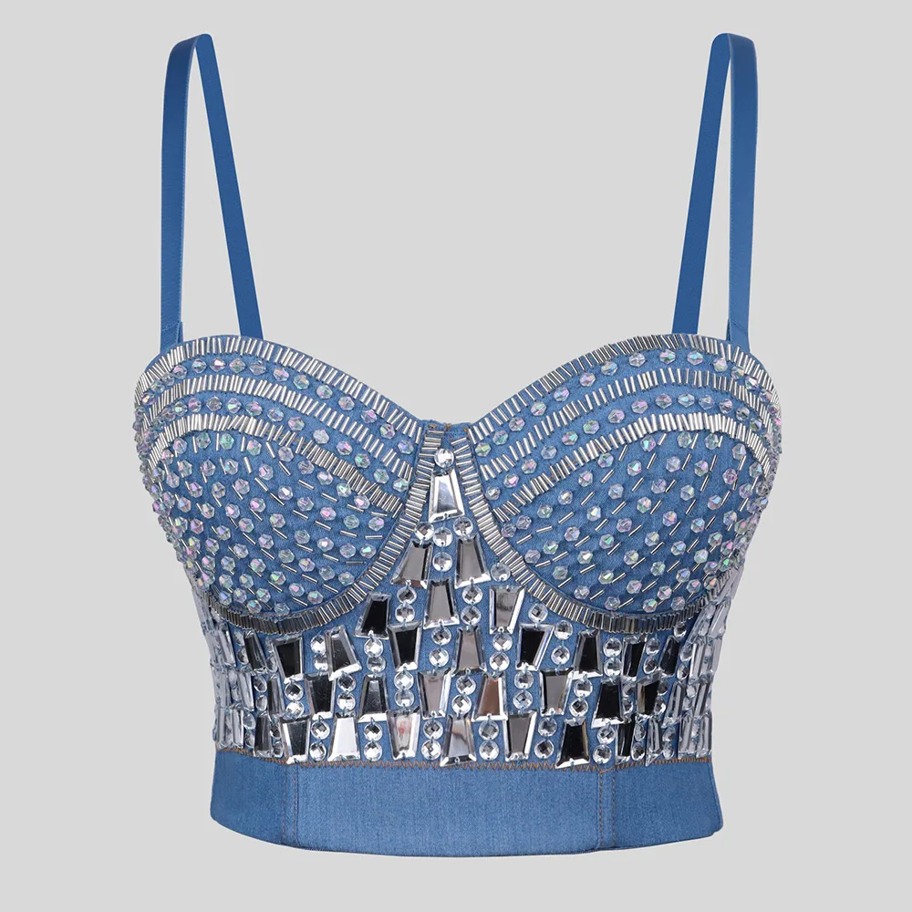 Gorset damski z cyrkoniami - sexy bustier push-up na imprezę Niebieski
